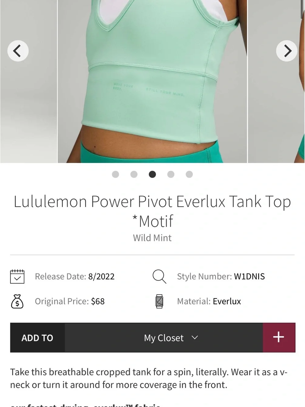 lululemon Power Pivot Everlux Tank Top - Wild Mint / Sports bra size 12-14